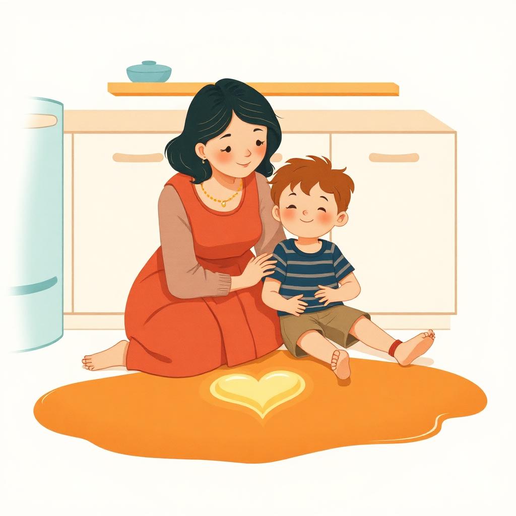 A mother and boy sitting together on the floor in the spilled puddle, with a soft glowing outline of a single heart shape between them