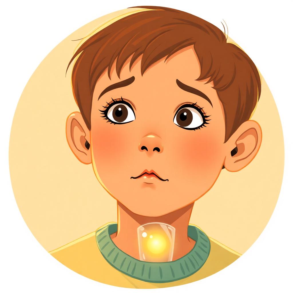 Close-up of a boy's face at 4pm, thoughtful, with a faint transparent glass shape glowing inside his chest