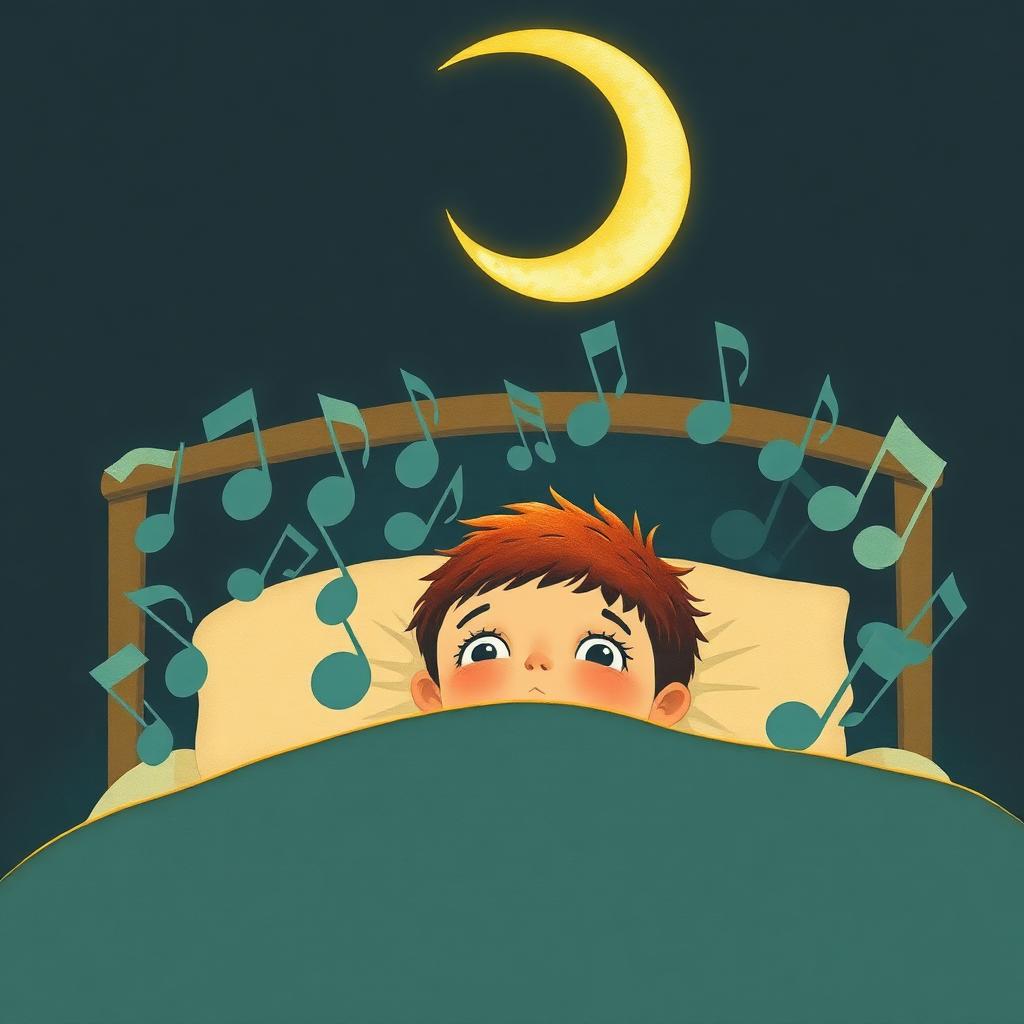 A dark bedroom, a boy lying in bed with wide open eyes, and above him a gold ayah-shape being gently pushed to the back by bright grey music-shapes crowding in front of it