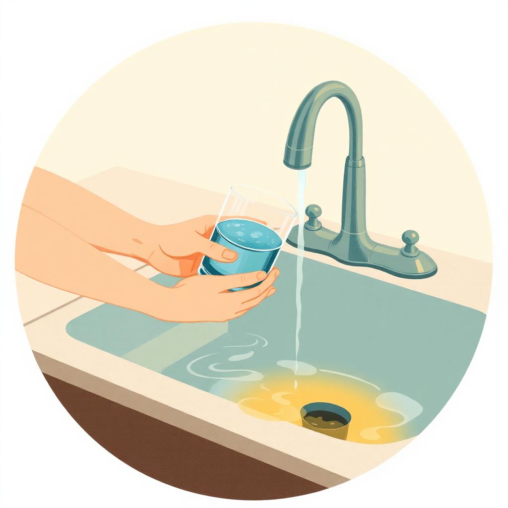 A kitchen sink: a mother holding a full glass under a running tap, clear water pouring in and old water spilling over the edge and down the drain, warm gold light on the water