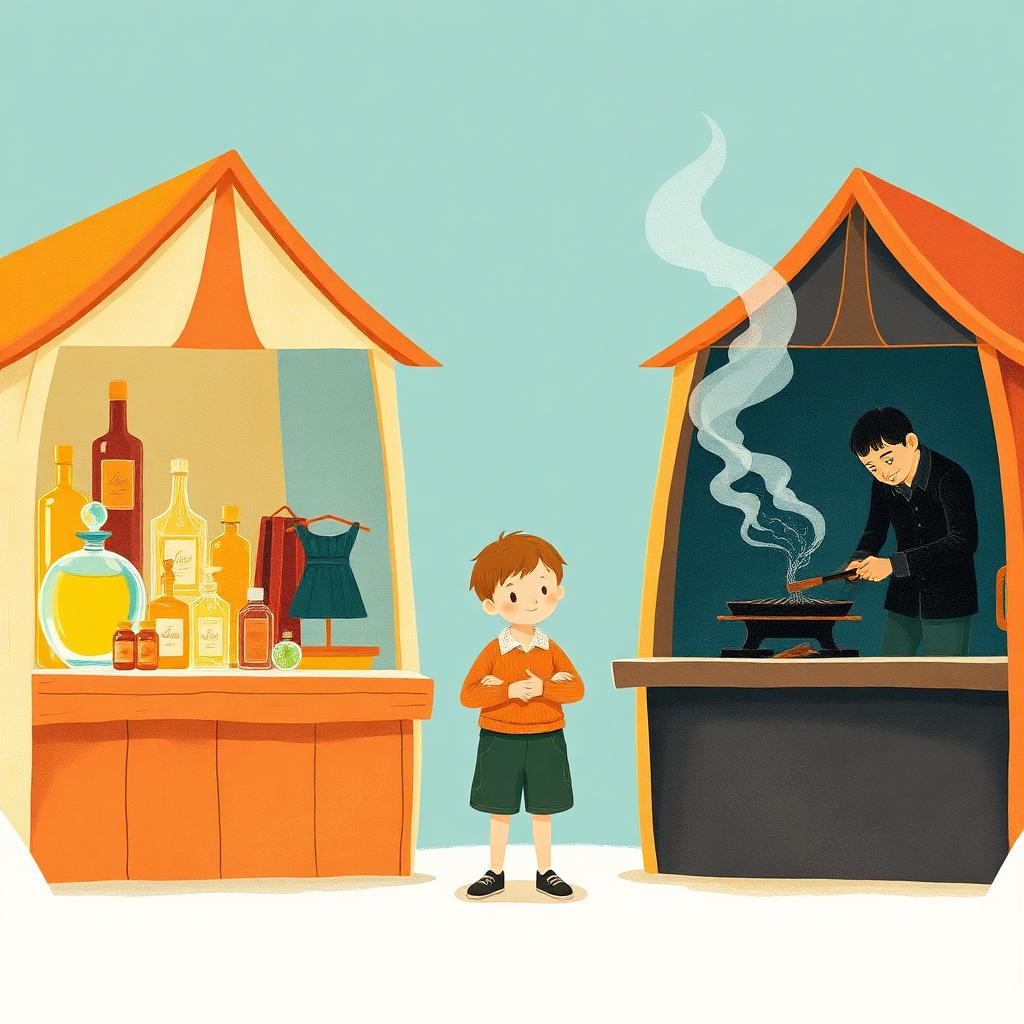 Two market stalls side by side: a perfume seller with beautiful golden bottles and soft fragrance-swirls, and a blacksmith with dark smoke and sparks; a small boy standing between them
