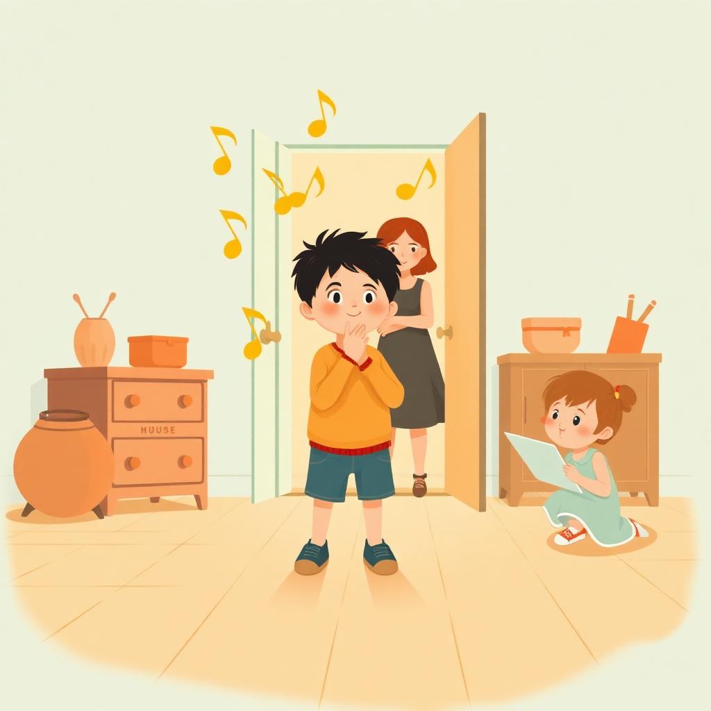 The same kitchen floor months later: the boy humming with a gold glow, warm golden shapes drifting out of him, and his mother in the doorway with her hand over her mouth
