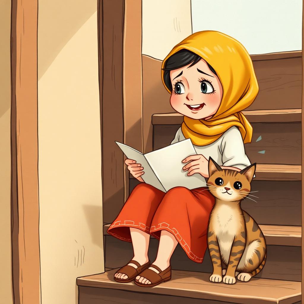 A girl of nine in a gold headscarf sitting on a staircase holding an open letter, joy turning to worry, a startled cat beside her