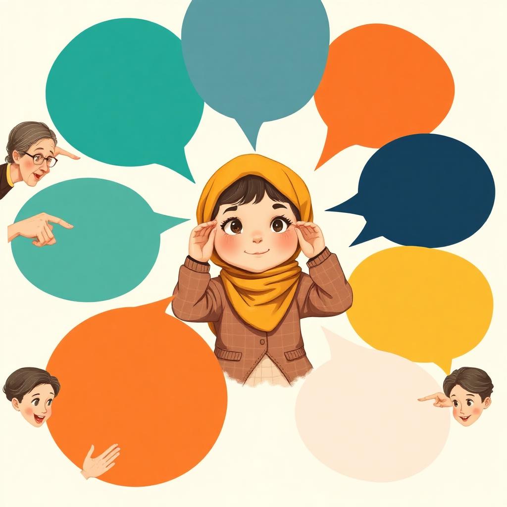A girl in a gold headscarf small in the centre, surrounded by six large overlapping empty speech bubbles of different colours, warm friendly faces around the edges, her hands over her ears