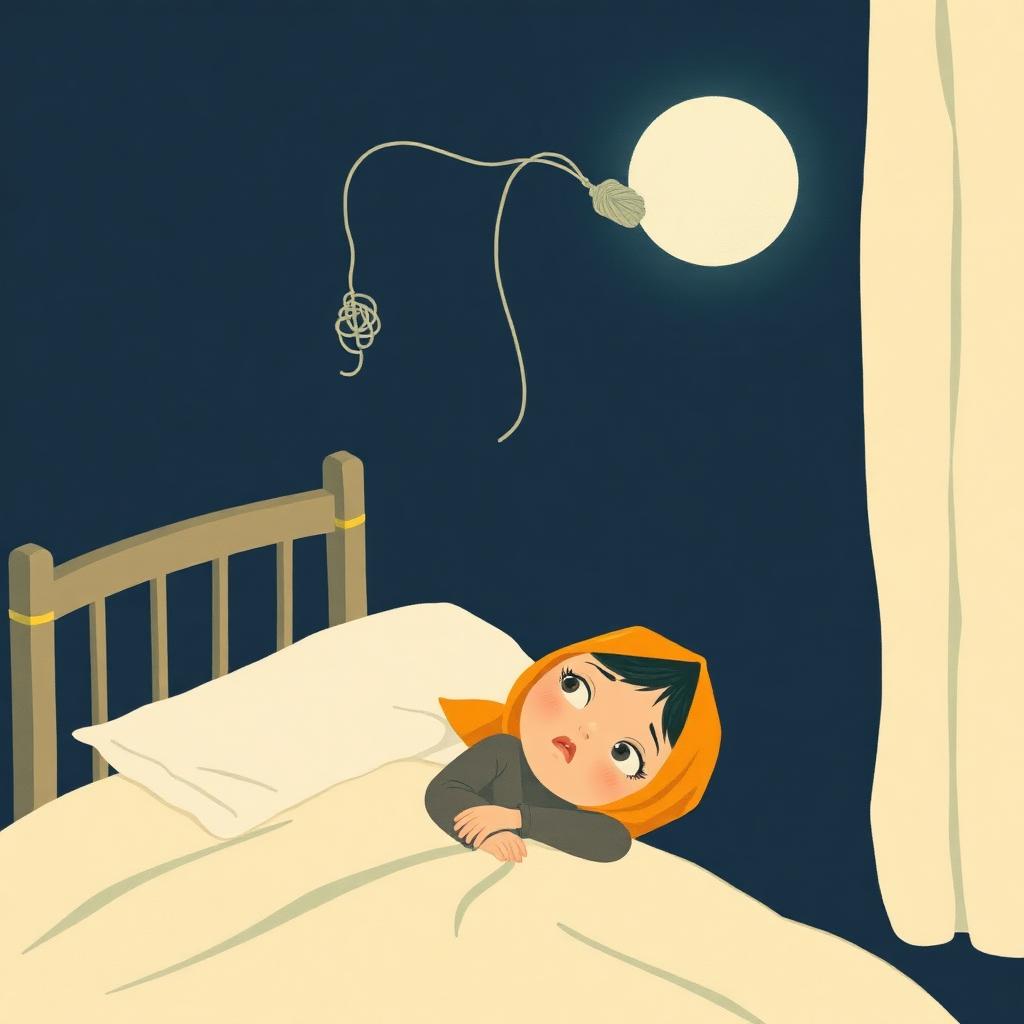 A dark bedroom, a girl lying awake with wide eyes, and above her a single tangled knot of soft grey thread