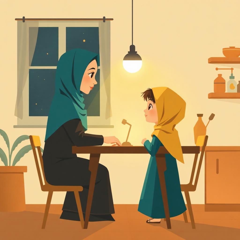 A warm kitchen at night, a mother in a teal hijab and daughter in a gold headscarf sitting at a table facing each other, a soft gold glow between them, one lamp lit