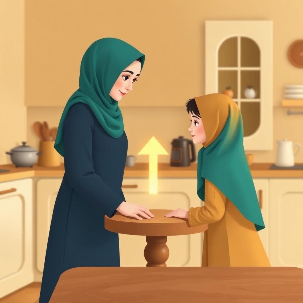 A mother in a teal hijab leaning across a table toward her daughter in a gold headscarf, a glowing golden two-way arrow between them showing a choice that could go either direction