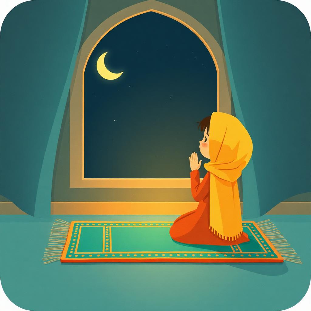 A girl in a gold headscarf praying two rakats alone on a small teal prayer rug at night, hands raised in du'a, warm gold light around her, a crescent moon in the window