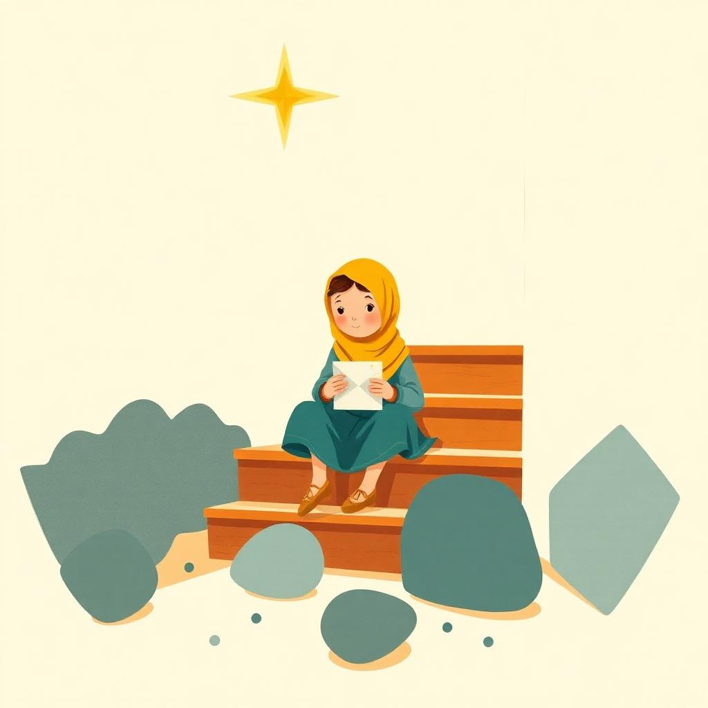 A girl in a gold headscarf sitting calmly on the same staircase in morning light with the letter in her lap, the noisy shapes around her now settled and quiet on the floor, one gold eight-pointed star glowing steadily above her head