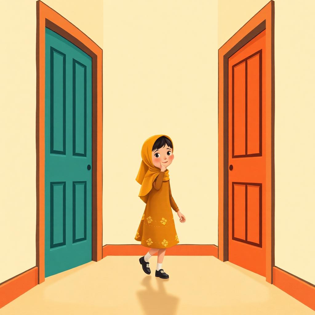 Two tall open doors side by side in a warm hallway — one teal, one terracotta, both glowing, neither closed — and the girl in a gold headscarf walking calmly through with her chin up