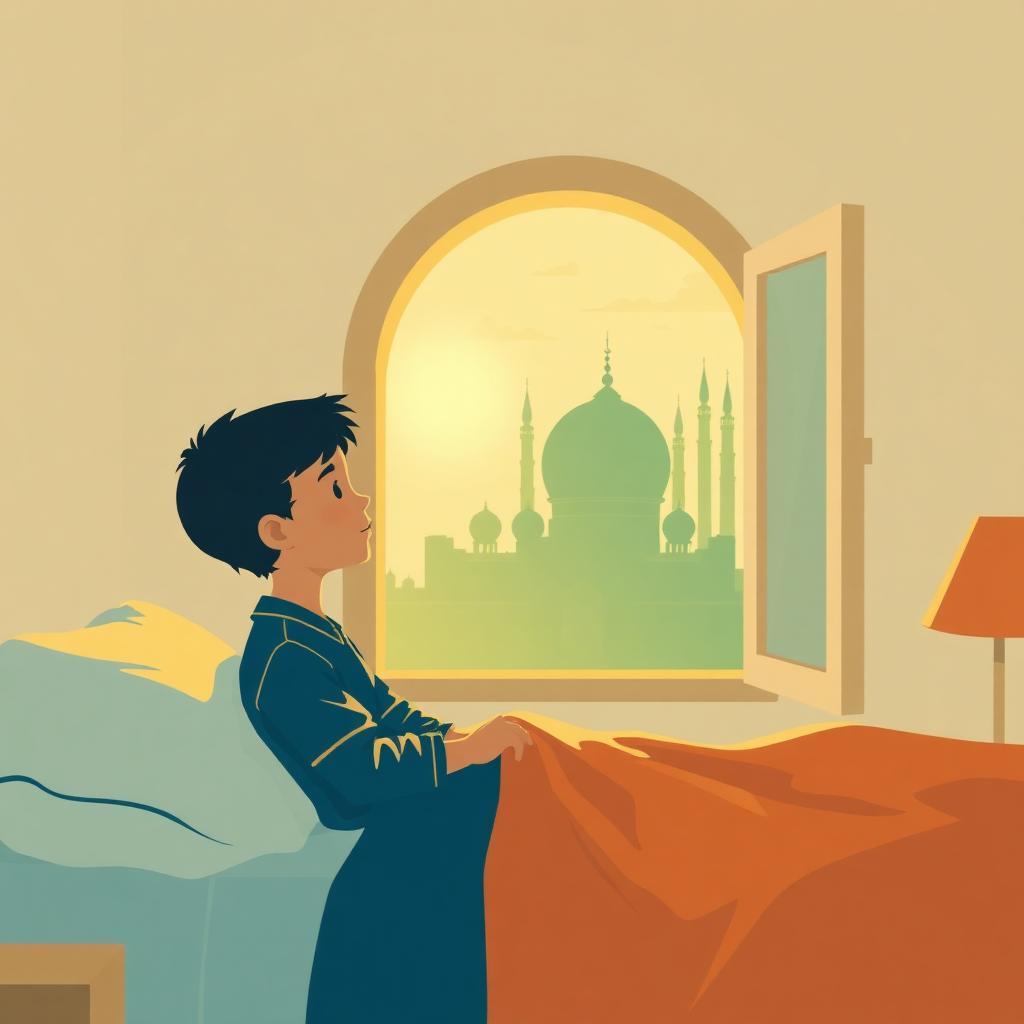 A boy of eight waking in a dim bedroom before dawn with Madinah's green dome visible through the window and gold sound-waves drifting in