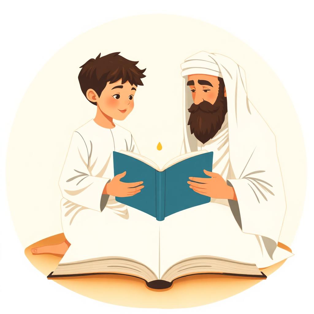 A boy in a white thobe sitting cross-legged with an open blank book in his lap opposite a bearded teacher, a small gold seed of light hovering between them