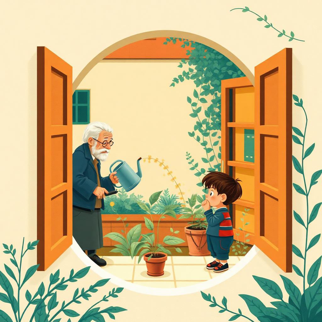 A courtyard window looking out onto a small garden with an old gardener watering plants and a boy watching from the windowsill, a gold glow around the garden