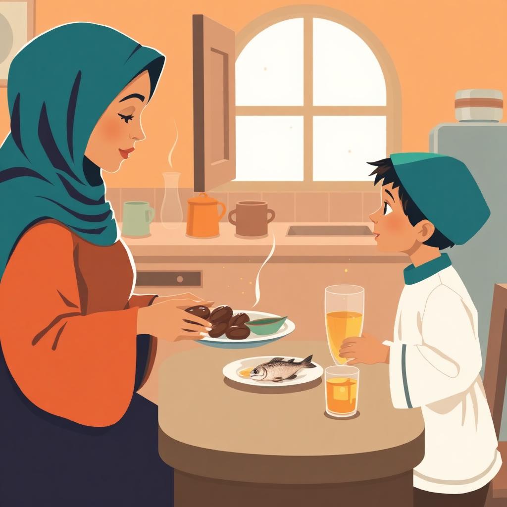A warm kitchen with a mother in a teal hijab sliding a plate of dates, honey, fish and water across a table to a boy in a white thobe, gold sparkles rising from the food