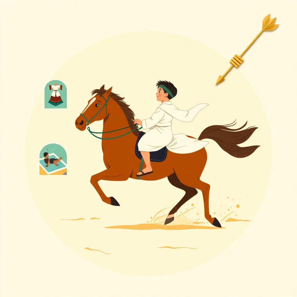 A boy of eight riding a chestnut horse fast across sandy ground with joy on his face, inset with a judo mat and swimming pool, a decorative gold unstrung bow and arrow in the corner