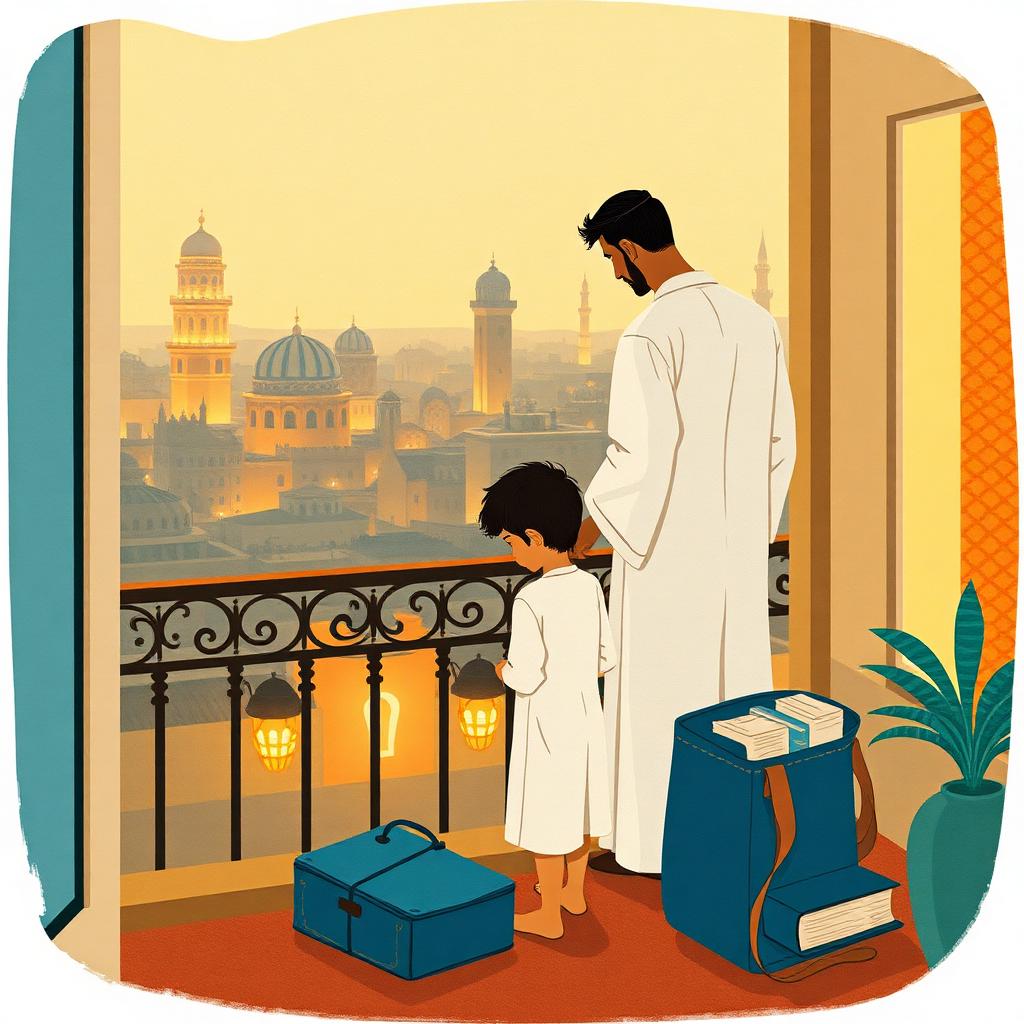 Evening on an Alexandria balcony overlooking the Mediterranean Corniche, a father and his young son in a white thobe standing together looking out at the sea and city lights, a blue bag with a book inside in the room behind them