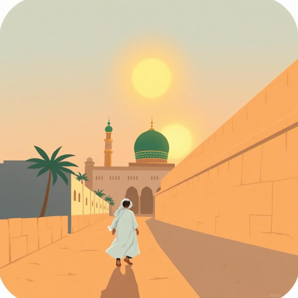 A boy of eight in a white thobe walking home along a warm street in Madinah at golden hour past the walls of the great masjid, two glowing golden crowns of light floating in the sky above him