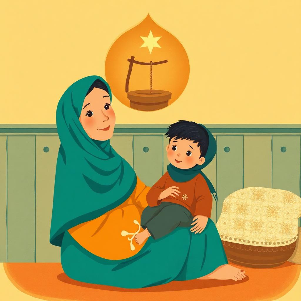 A mother in a teal hijab holding a small boy of four on her lap in a warm room, and above them a soft gold vignette-bubble showing a well with a rope and a single star of light