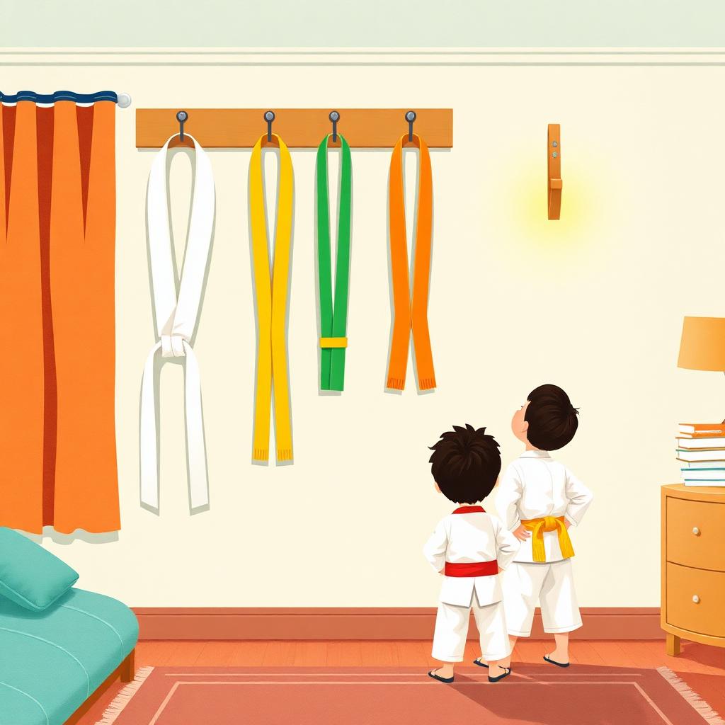 A boy's bedroom wall with four martial arts belts hanging in a neat row — white, yellow, orange, green — and one empty hook with a soft gold glow; a small boy of four in a white jujitsu uniform standing looking up at them
