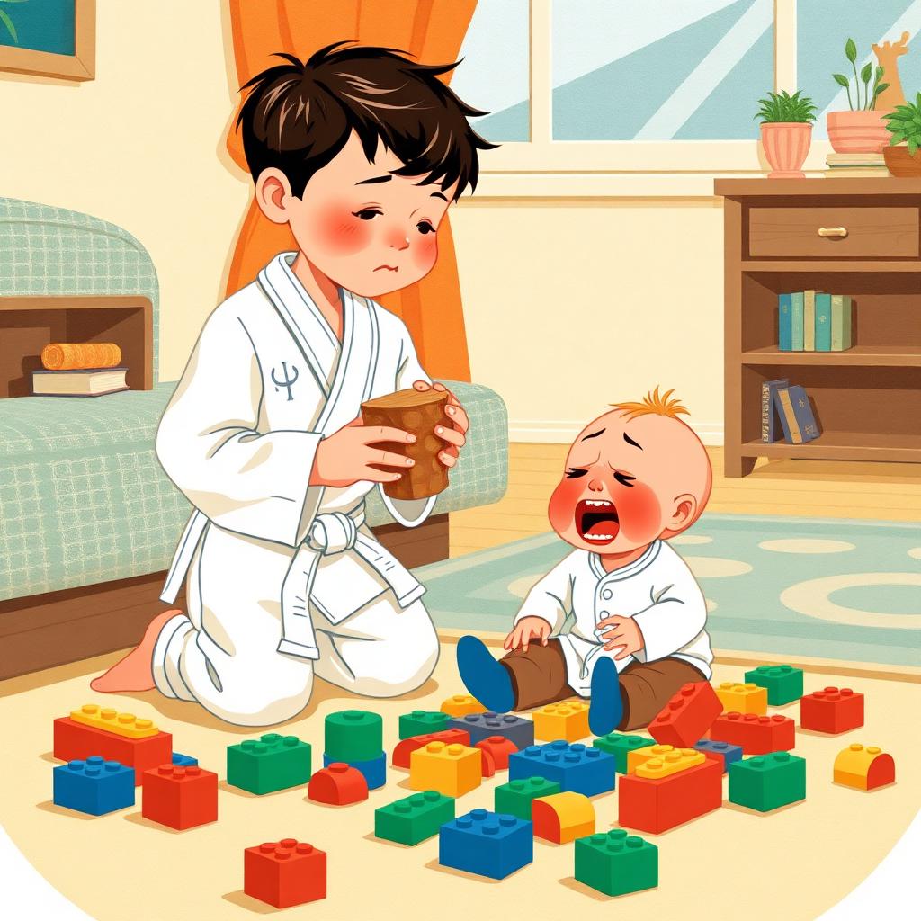 A living room floor: a boy of four in a white jujitsu uniform calmly holding out a wooden toy to a red-faced crying baby sitting among scattered Lego bricks