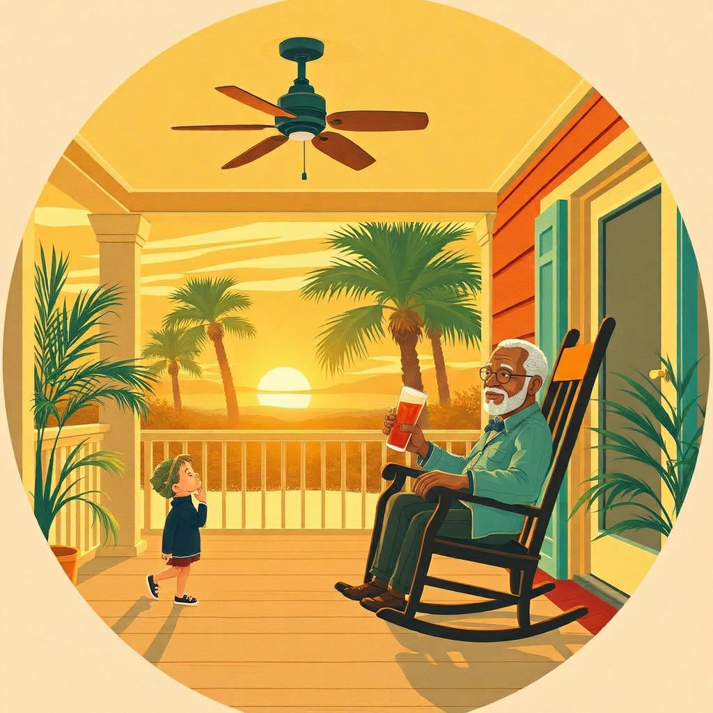 A warm Florida porch at golden hour: a ceiling fan, a rocking chair with a very old man in it holding a glass of iced tea, palm trees and a screen door, and a small boy of four watching him curiously