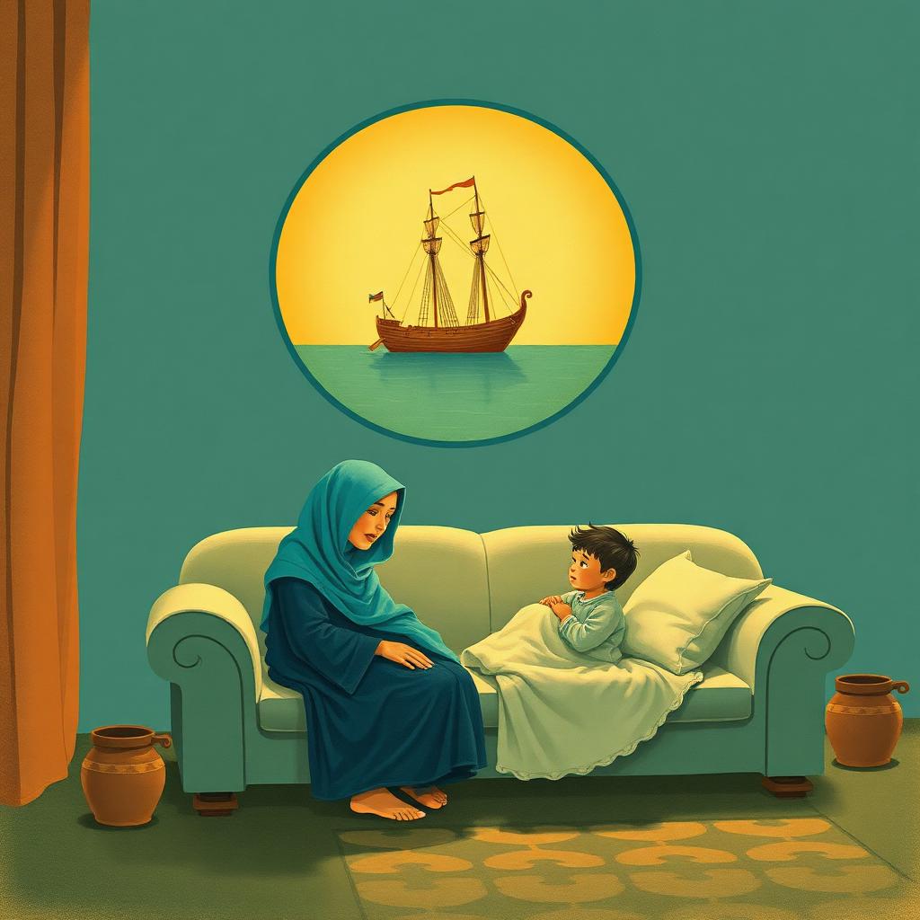 A dim room at night: a mother in a teal hijab sitting on the edge of a fold-out sofa bed talking to a small boy under a blanket, and above them a soft gold vignette-bubble showing a wooden sailing ship carrying bolts of cloth and spice jars