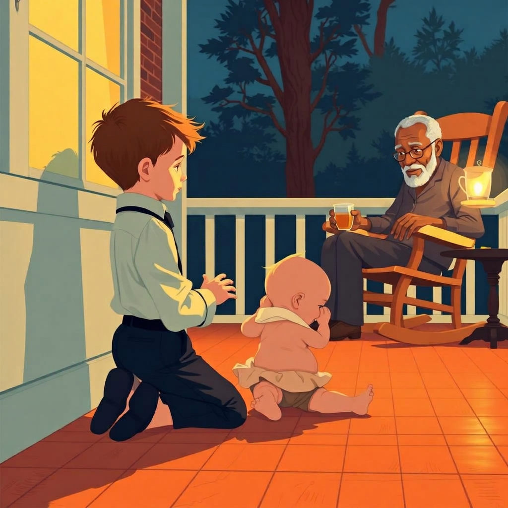 A Florida porch at evening — a small boy of four kneeling on the floorboards in smart clothes, gently patting the back of his crying baby brother, and behind them an old man in a rocking chair lowering his glass of tea, watching, with a soft gold glow around the children