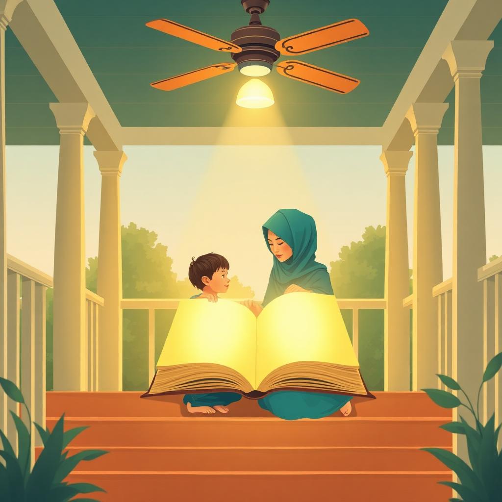 Porch steps in morning light: a mother in a teal hijab and a small boy sitting side by side, a ceiling fan turning above, and floating gently between them an open blank book made of soft gold light