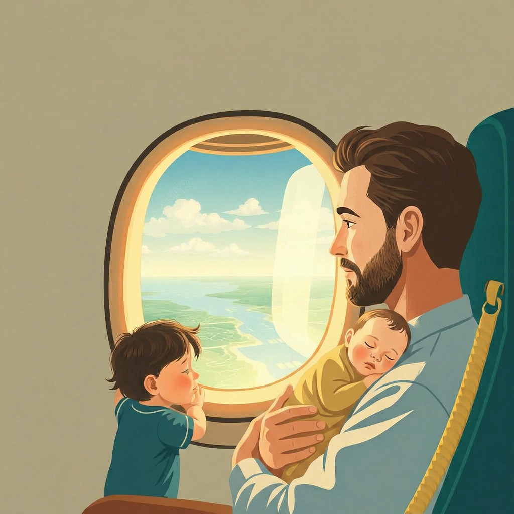 An aeroplane window seat: a small boy of four pressed to the window looking down at a green-and-blue coastline far below, a baby asleep on a father's shoulder beside him, and reflected faintly in the window a glowing belt of soft gold light