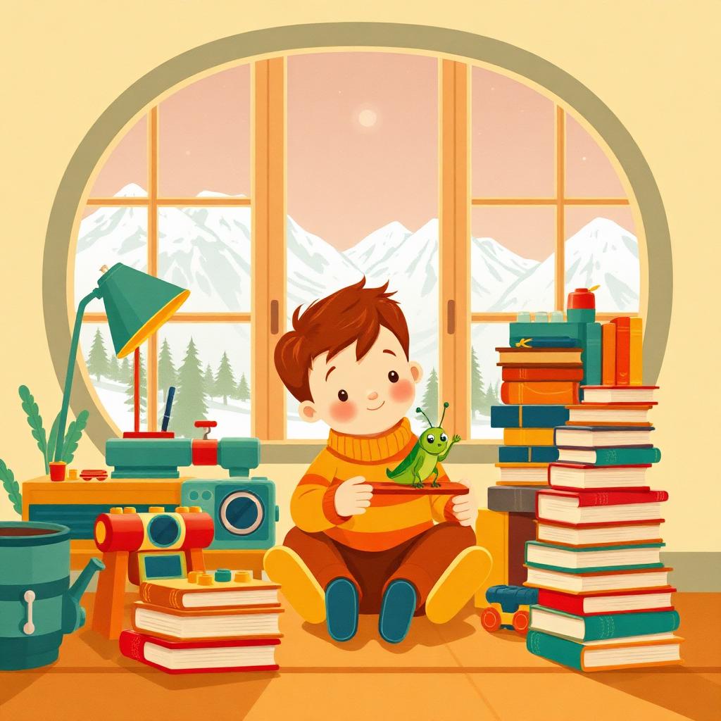 A cosy warm room with a big window showing snowy Swiss mountains; a small boy of three surrounded by Lego machines, a stack of books, and a small green toy grasshopper