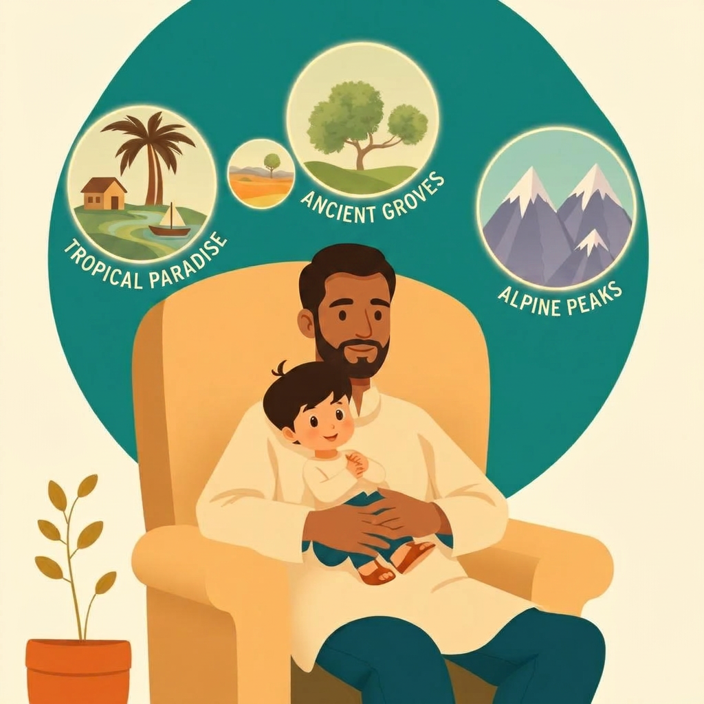 A father with warm brown skin holding a small boy on his lap in an armchair, with three soft glowing bubbles above them showing palm trees and a river, olive trees, and snowy mountains