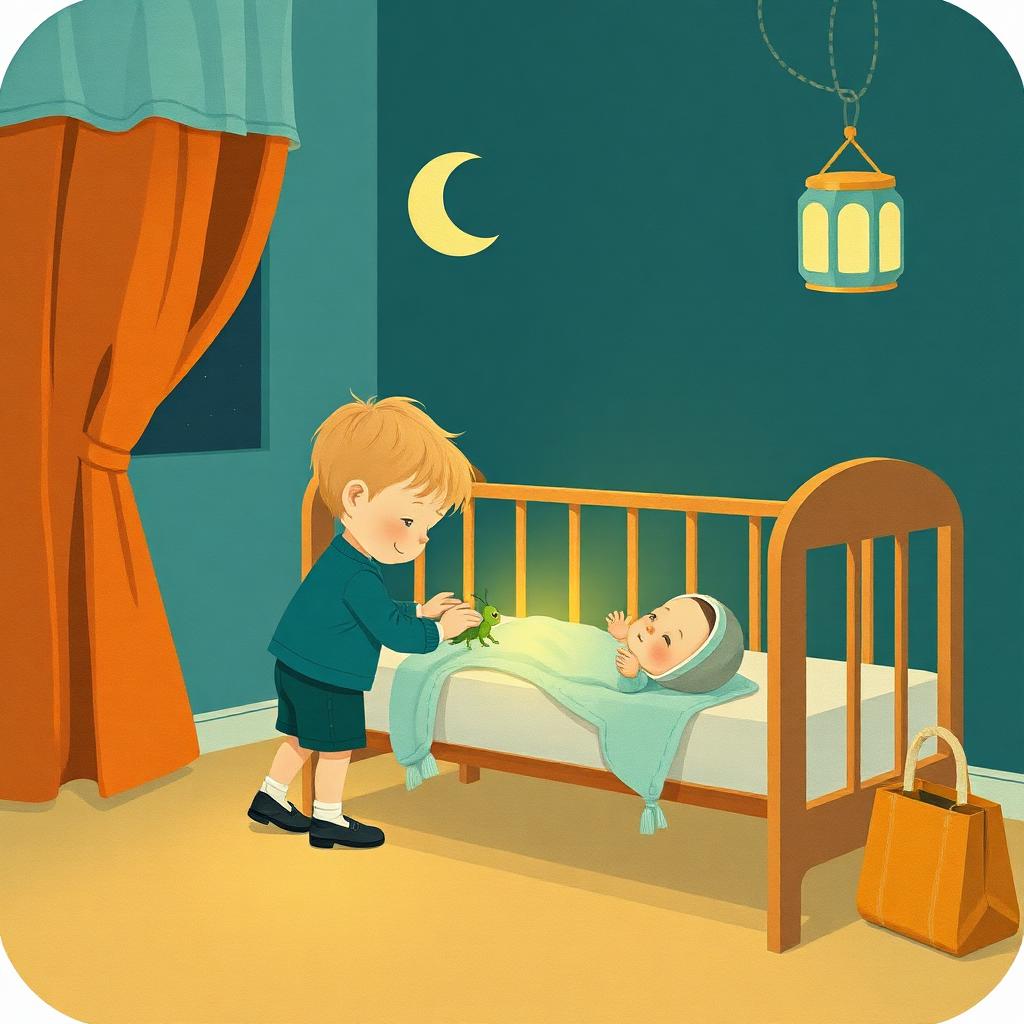 A nursery at night: a small boy of three standing on tiptoe at the side of a cot placing a small green toy grasshopper beside a tiny baby, with a soft gold glow around them