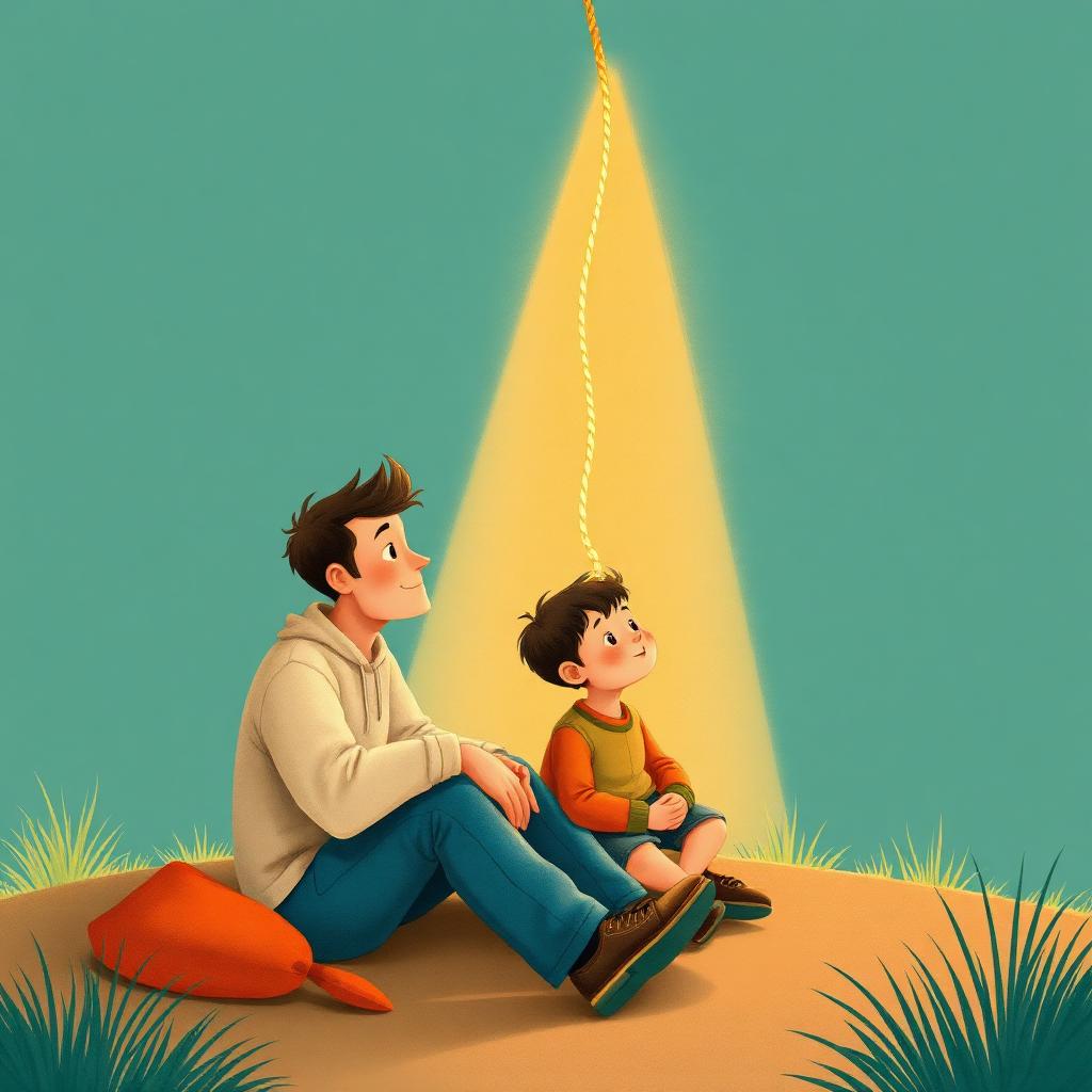 A father and small boy of three sitting together as a glowing golden rope rises between them and stretches up toward a warm light