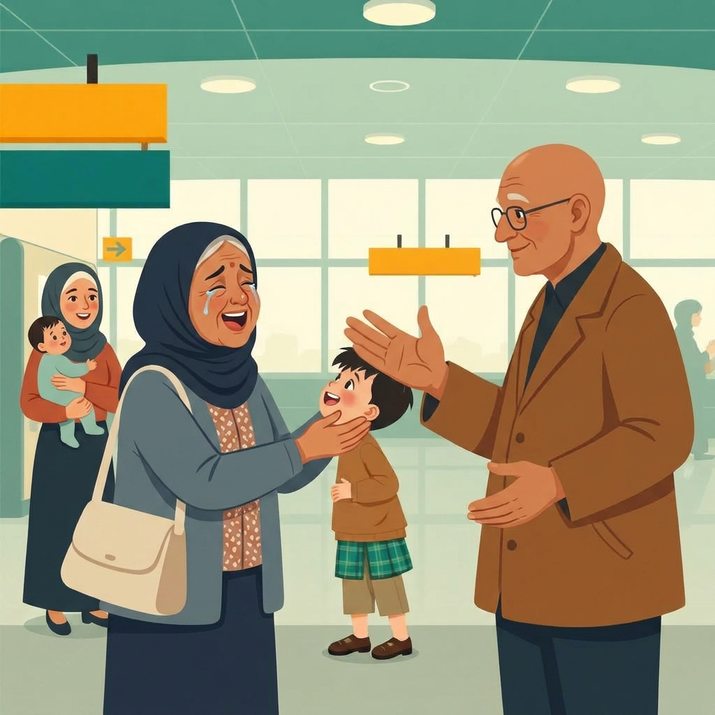 An airport arrivals hall: an old woman in a hijab crying and holding a small boy's face, an old man beside her holding out a large open hand palm up as the boy reaches to kiss it, and a mother in a hijab holding a baby behind them