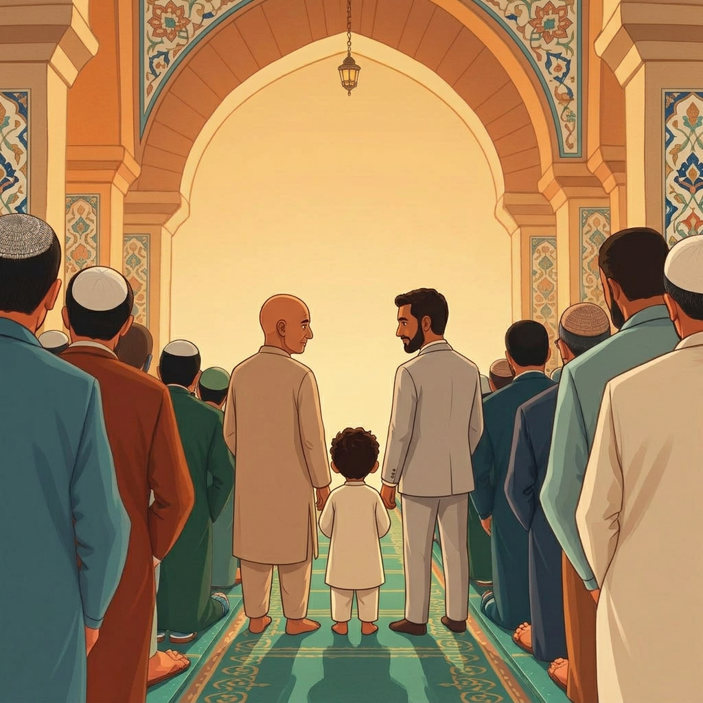 Inside a warm Turkish masjid: rows of worshippers shoulder to shoulder seen from behind, and among them a tiny boy of three standing between two grown men, his small shoulder touching one of their legs