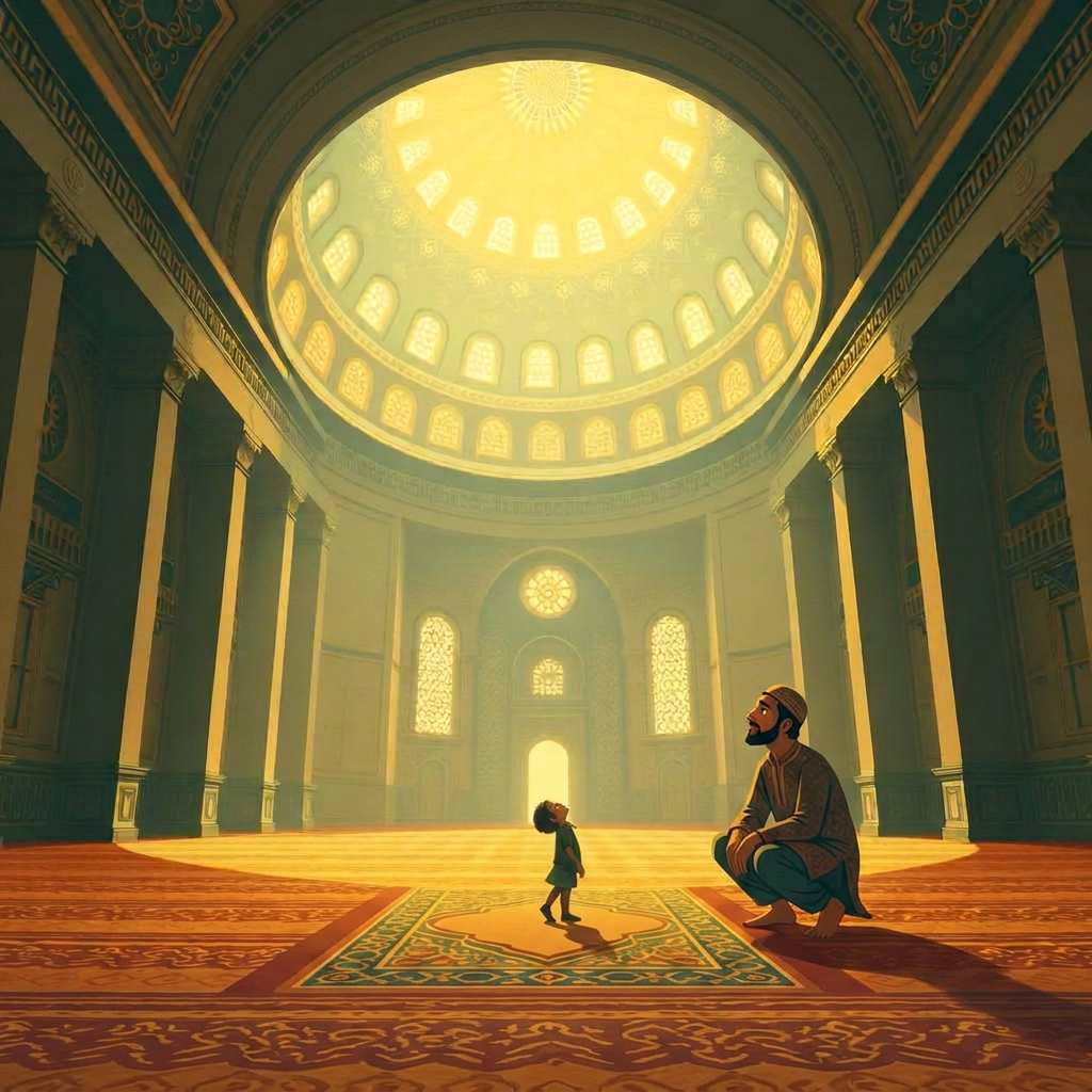 Inside a great Ottoman mosque, an enormous dome and high windows pouring golden light onto a patterned carpet, one very small boy standing in the middle of the floor looking straight up with his mouth open