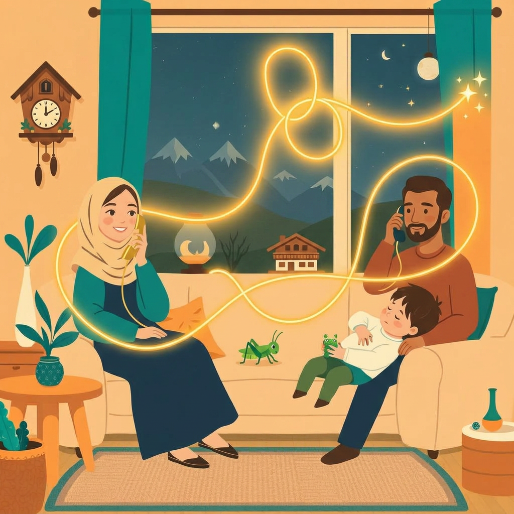 A cosy Swiss living room at night: a mother in a hijab on the phone smiling, a father on another phone, and a sleepy small boy of three on the sofa holding a green grasshopper, with a soft glowing golden rope looping from person to person and out of the window toward the stars