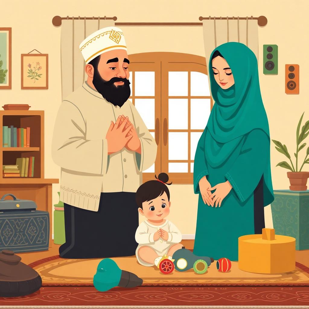 A warm living room: a Uyghur father in a white cap and a Syrian-Filipina mother in a teal hijab standing in prayer, and a tiny toddler girl sitting on the carpet among her toys watching them; soft gold sound-waves drifting in from a speaker on the wall