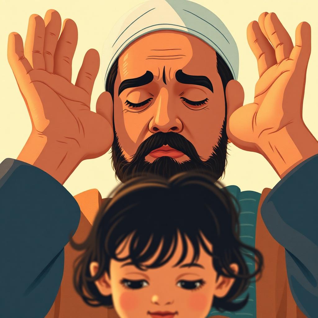 Close-up from a toddler's low point of view: the father's hands raised beside his ears, seen from below, very large, with the small blurred shape of a watching child in the foreground