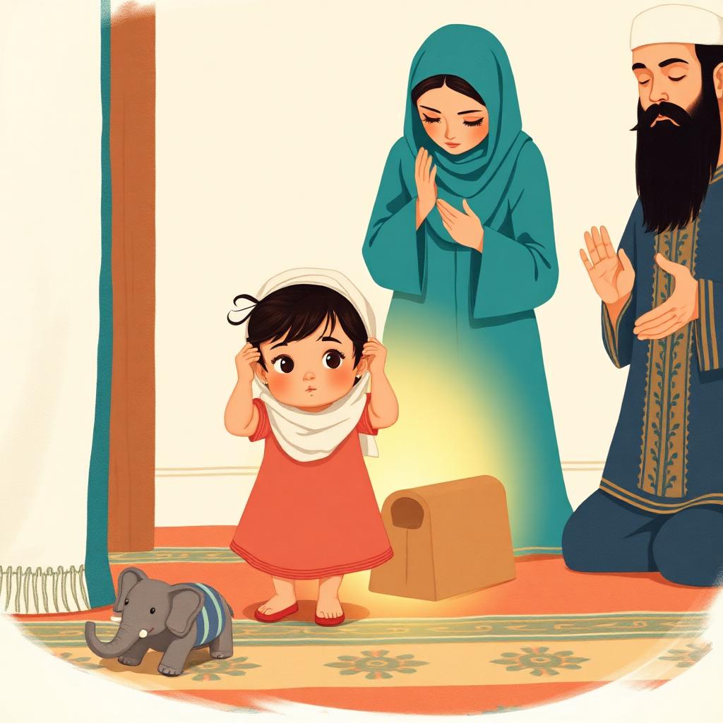 A toddler girl standing behind her mother with her tiny hands raised beside her ears, copying her exactly; a plastic elephant lying abandoned on the carpet behind her; both parents in prayer; a warm gold glow around the little girl