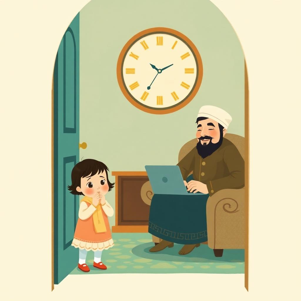 A doorway: a tiny toddler girl standing in it holding a small pale headscarf, looking expectantly at her father who is on a sofa with a laptop, beginning to smile and put it down; an athan clock on the wall behind with soft gold waves coming from it