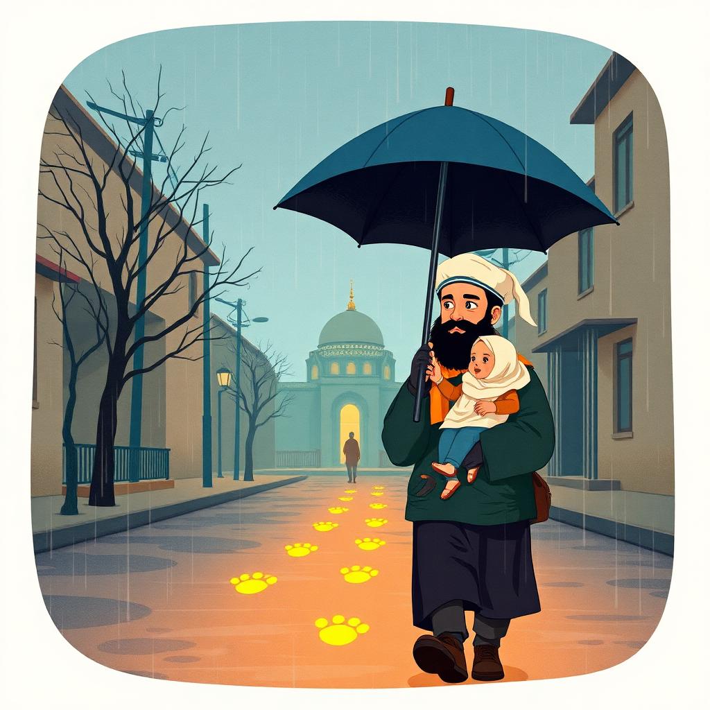 An ordinary evening street in the rain: a Uyghur father with a beard and cap carrying a tiny girl under an umbrella, walking toward a small domed masjid in the distance; glowing gold footprints on the pavement behind them