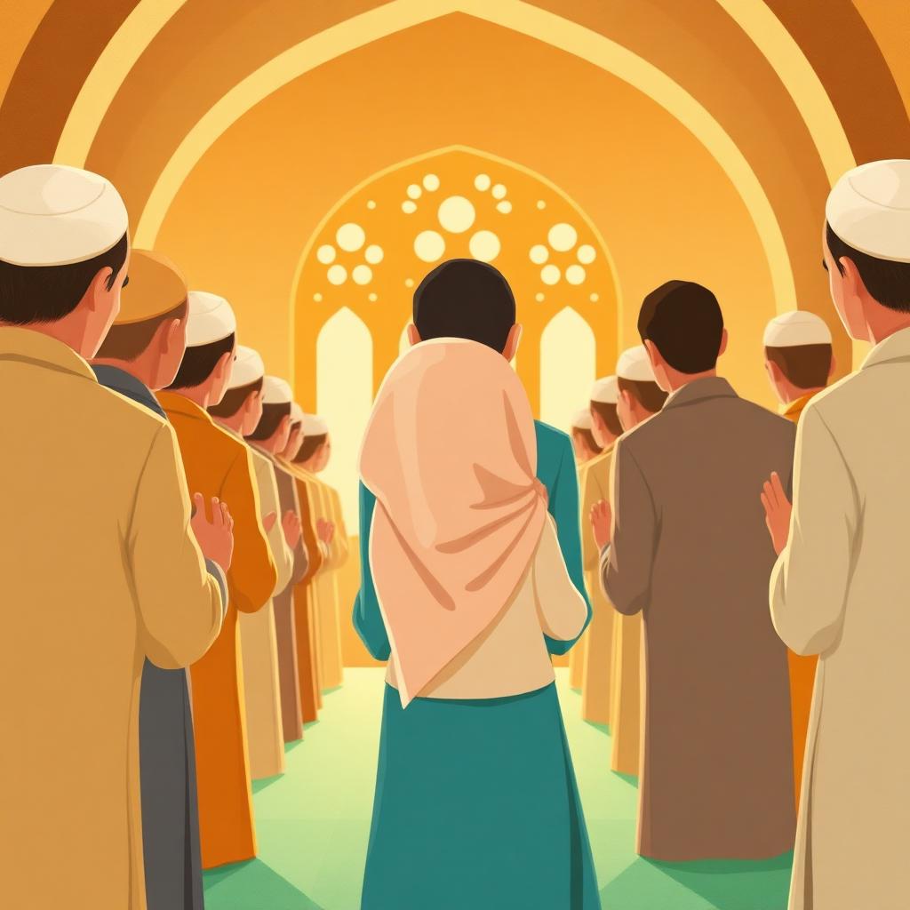 Inside a masjid: a row of grown men standing shoulder to shoulder seen from behind, and among them one very small girl in a pale headscarf mid-wobble, with warm smiles turned toward her from the men on either side