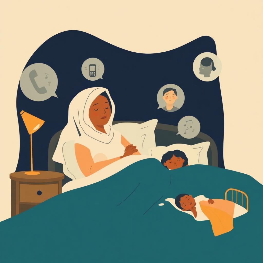 A dark bedroom at night: a Syrian-Filipina mother sitting up in bed wide awake, and around her floating soft grey vignette-bubbles showing small ordinary moments — a phone ringing, two people talking, a tired face — with a sleeping toddler visible in a cot nearby