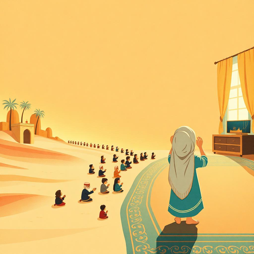 A wide warm scene: a long glowing golden chain of light stretching from an ancient desert scene at one end, through many generations of small praying figures, all the way to a modern living room carpet where a tiny girl stands with her hands beside her ears