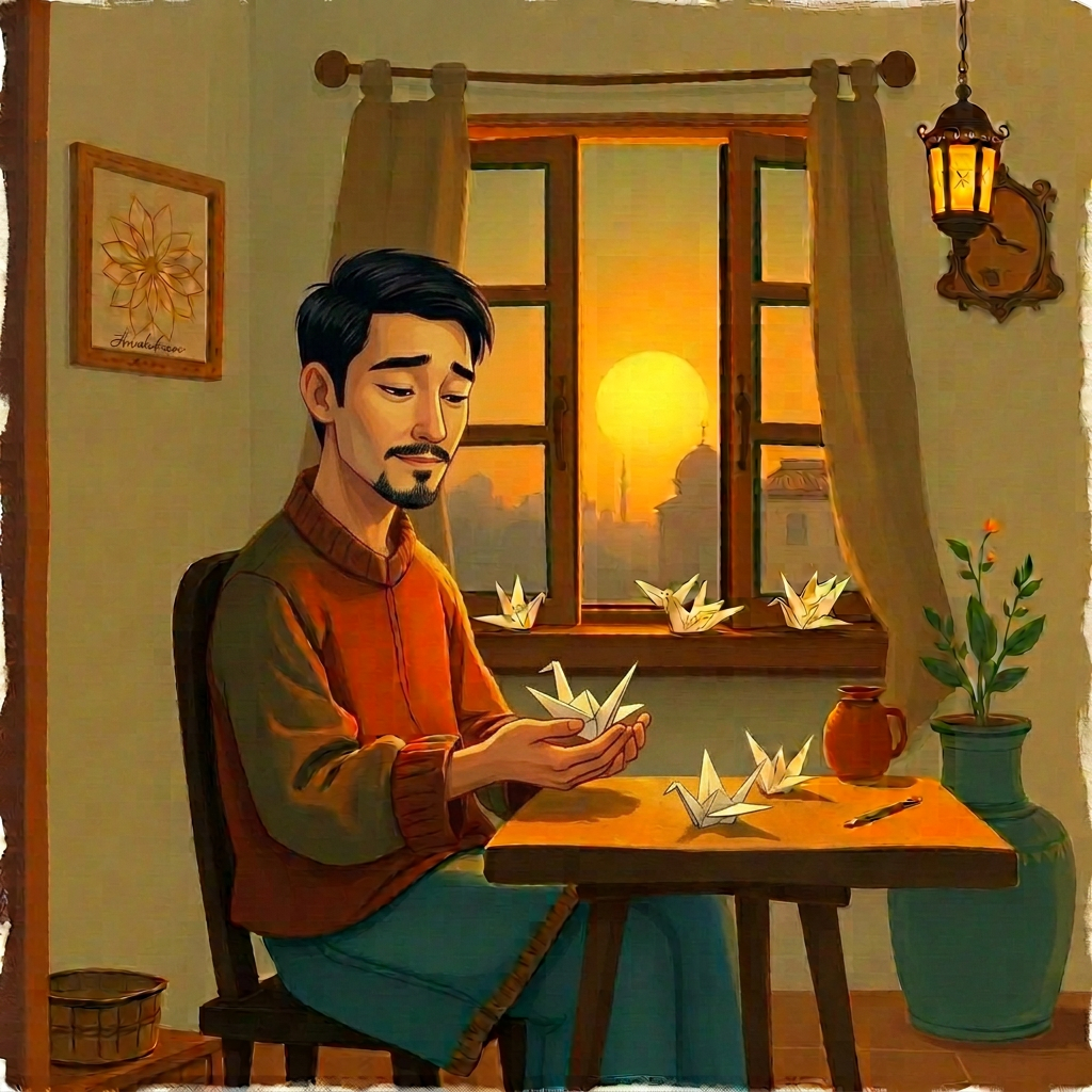 A small apartment at dusk. A tall man with kind eyes and a neat beard folds a paper crane at a low table; a windowsill flock of paper cranes catches the last gold light.