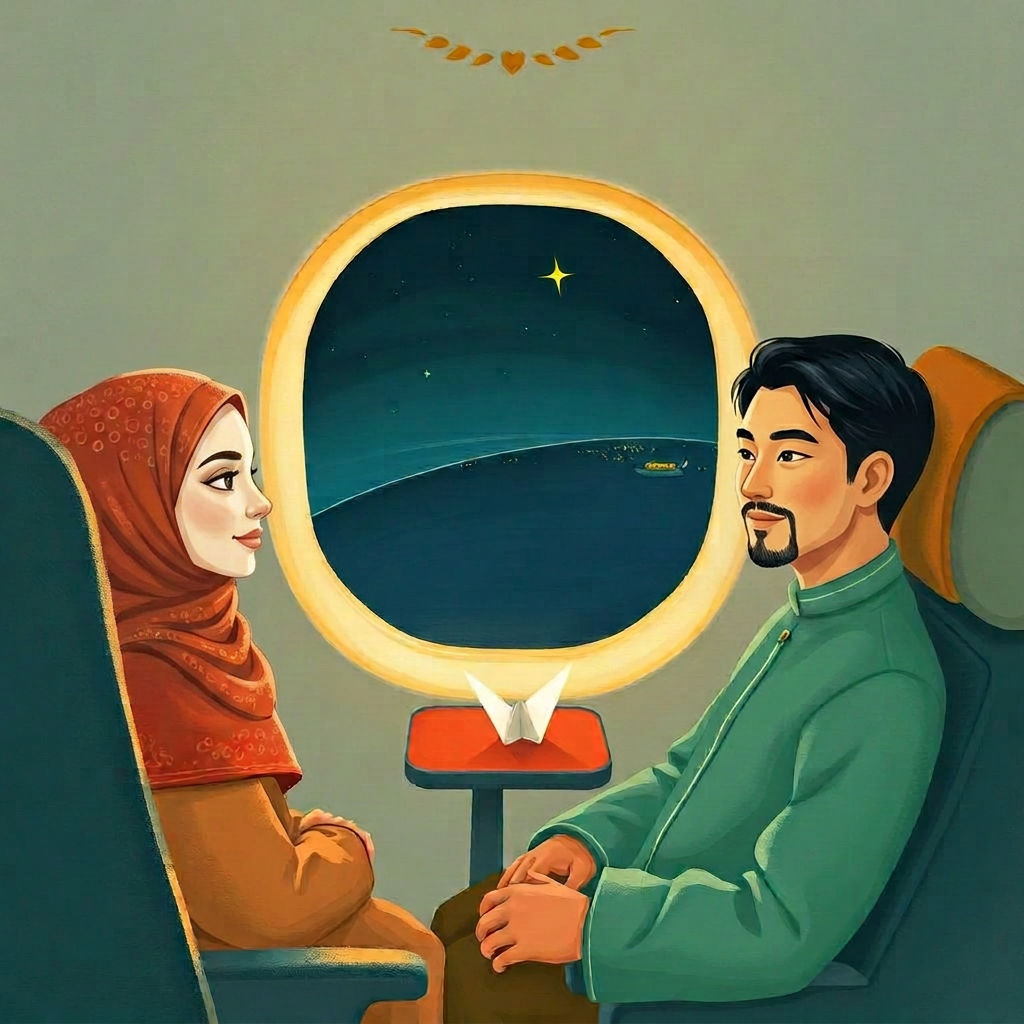 Inside a plane at night. Two travellers by an oval window; the curve of the ocean and city lights far below; a single paper crane on the tray.