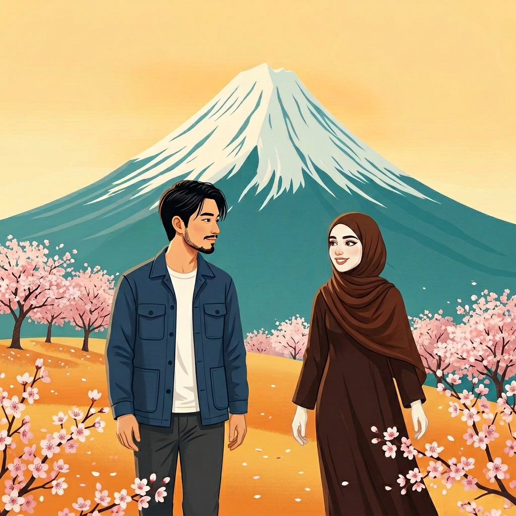 A hillside of pink cherry blossom beneath a perfect snow-capped mountain; two tiny figures looking up.