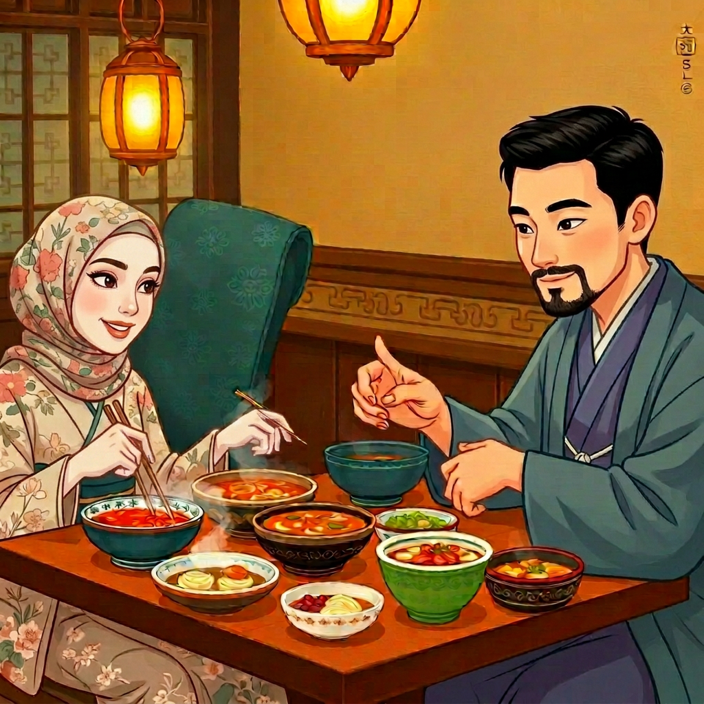 A cosy restaurant table crowded with steaming bowls; a young woman leans in unsure while a man quietly points at one dish and gently shakes his head at another.