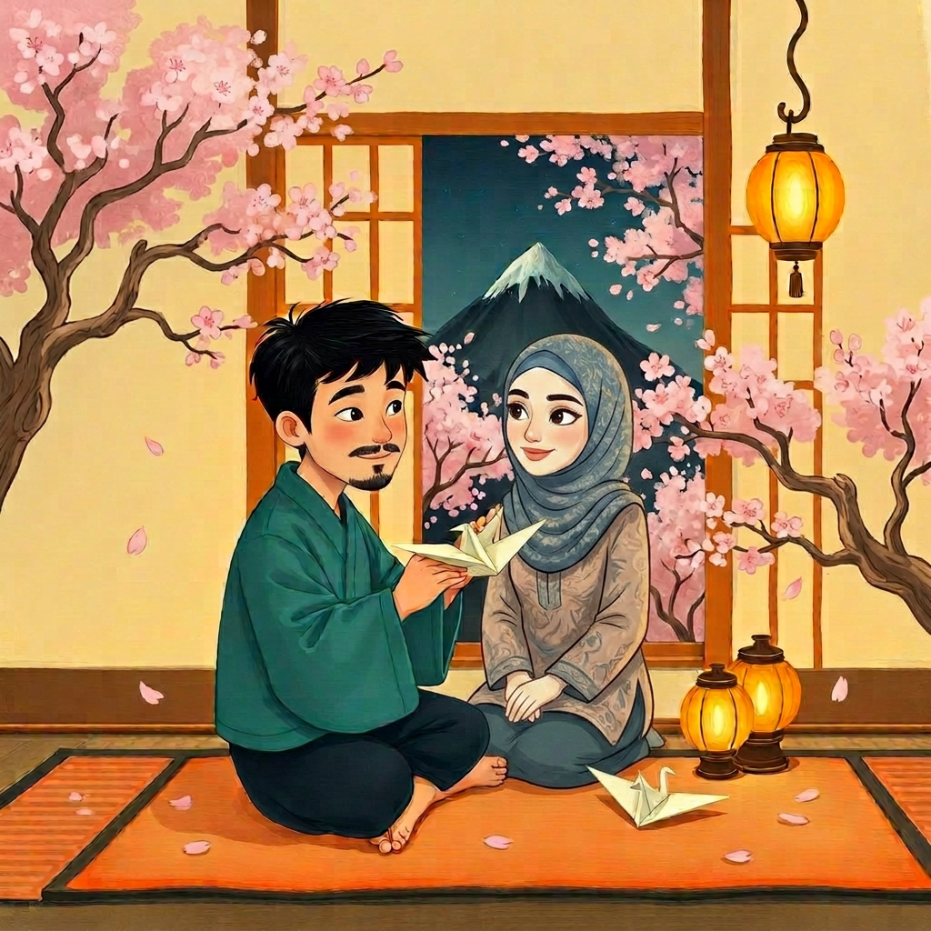 A tatami-mat room in the evening; a father-figure folds a paper crane flat while gesturing to a dark, unmoving mountain through the window.